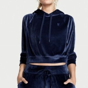 Victoria's Secret Dark Blue Velour Ribbed Cropped Hoodie Women's Size Large
